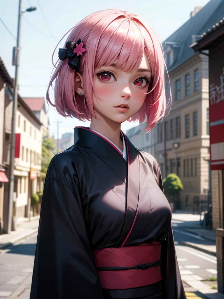 european 1girl, pink hair, bob cut, hair hair ornament, black kimono, red eyes, town, film grain, 8K raw photo, photorealistic, hyper realistic, highres, high resolution <lora:more_details:0.6>