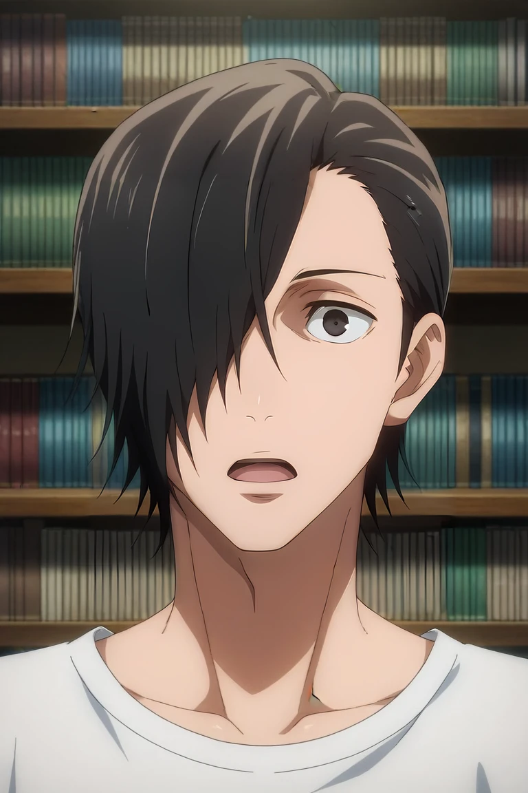 score_9, score_8_up, score_7_up, source_anime, rating_safe, intricate details, , , , 1boy, solo, male focus, <lora:junpei_yoshino_pony:0.78>, junpei_yoshino, black hair, black eyes, short hair, hair over one eye, symmetry, library, books, indoors, light, (dynamic pose:1.2), open mouth, , <lora:sdxl_lightning_8step_lora:1>