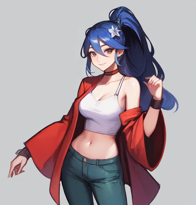 cowboy shot, solo, simple background, <lora:shiraizumiTamako(MMBN):0.5>, shiraizumi_tamako, long hair, navel, pants, midriff, green pants, red choker, smile, crop top, hair ornament, tank top, blue hair, long ponytail, red coat, wide sleeves, white tank top, wristband, from side, highres, Digital art, trending on artstation, best quality, insanely detailed, masterpiece, stunning environment, wide-angle,