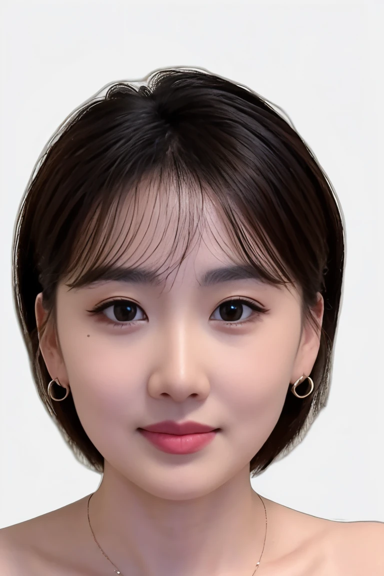(masterpiece, top quality, best quality, (close-up photograph: 2), ((1girl)), korean, fair skin, (extremely detailed face), ((looking at viewer)), ((((ultra-detailed eyes and pupils)))),((((ultra-detailed lips)))) cheekbone, plump cheeks, ((bare pectorals)), ((bare chest)), ((tube dress)), bare head, ((bare shoulders)), symmetrical frame, (((strapless))), ((closed lips)), (((smile))), ((symmetrical pose)), (symmetrical face: 1.6), 35mm, ((((minimal plain white background)))), ((no lighting)),no watermark, ((medium hair)), <lora:yanluo:0.7>