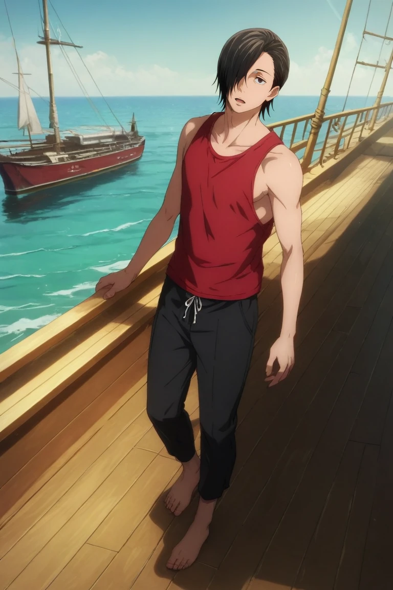 score_9, score_8_up, score_7_up, source_anime, rating_safe, intricate details, (photorealistic:0.6), , , 1boy, solo, male focus, <lora:junpei_yoshino_pony:0.86>, junpei_yoshino, black hair, black eyes, short hair, hair over one eye, wide angle, wide shot, full body, boat, ship, day, yoga, open mouth, , <lora:sdxl_lightning_8step_lora:1>