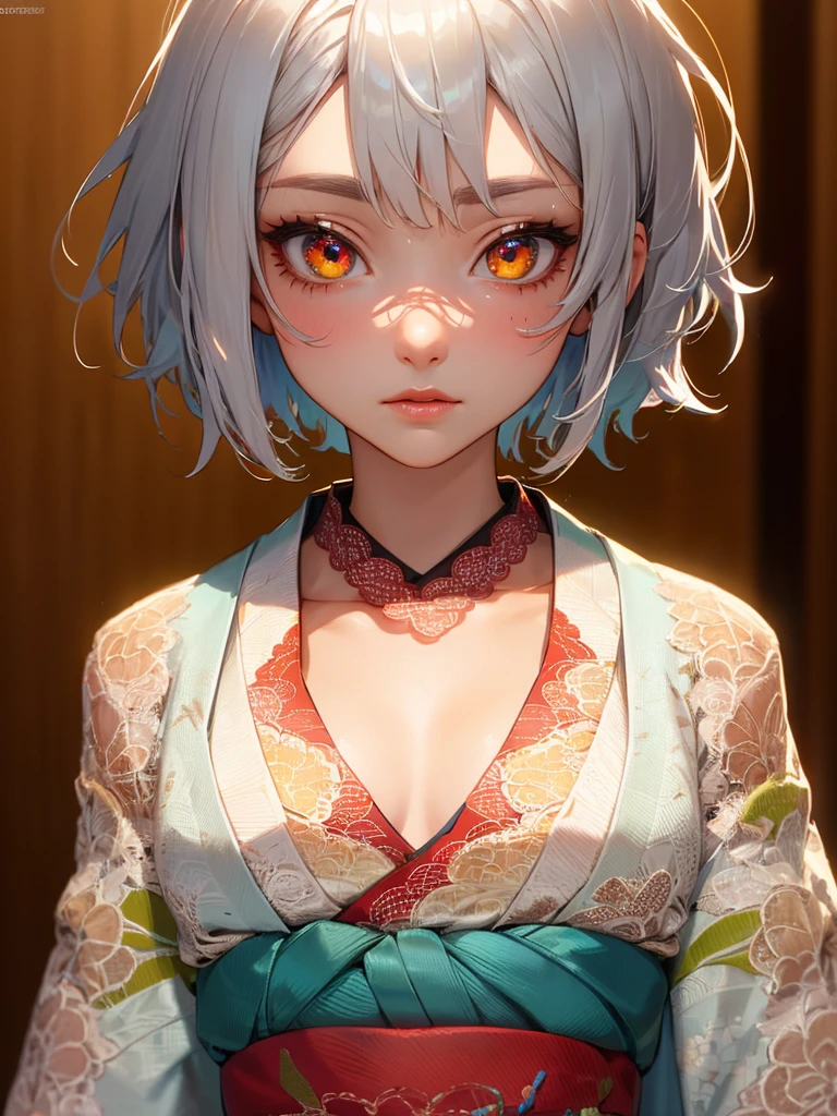 (masterpiece, best quality:1.3),beautiful detailed glow,best illuminate,(((best quality,textile shading,ultra detailed))),,Highly Detailed beautiful and aesthetic,best light,high resolution,detailed,dynamic lighting,super detailed skin,intricate details, hyper detail, sharp detail,detailed, highres, intricate details,(delicate facial features:1.3),
BREAK,
18 yo, ((perfect girl body)), (((messy short hair, silver hair))), ((peal skin)), ((flat chest:1.2)), (glowing azure eyes:1.1), (intricate detail, delicate pattern, rich kimono:1.1), (lace obi:1.3),