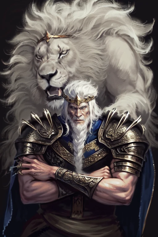 <lora:Godfrey1.0:0.7>,1boy,(ghost lion:1.2),lion,hand on another's shoulder,claws,crown,
armor,crossed arms,
masterpiece,best quality,ultimate details,highres,8k,wallpaper,extremely clear,