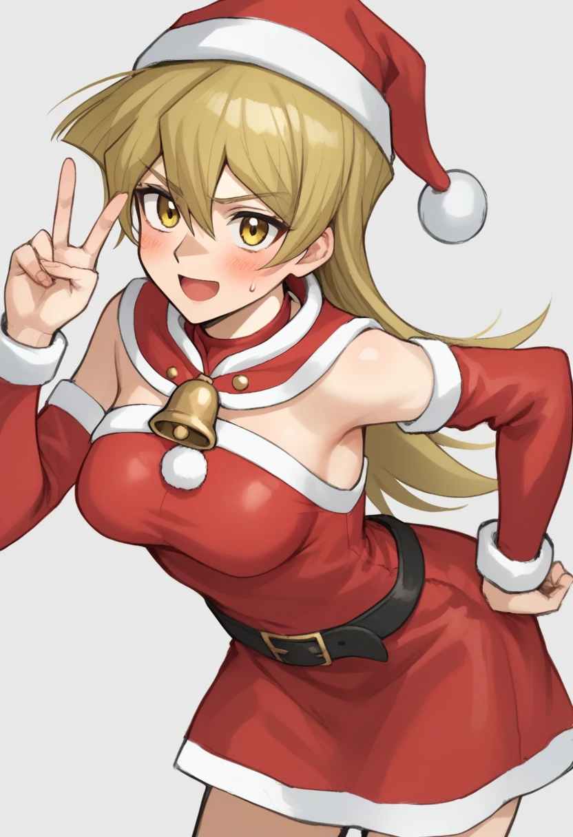 score_9,score_8_up,score_7_up,<lora:tenjouin_asuka_pony:1>,1girl,bell,belt_buckle,blonde_hair,blush,cowboy_shot,detached_sleeves,fur-trimmed_dress,fur-trimmed_headwear,fur-trimmed_sleeves,graphite_\(medium\),hair_between_eyes,hand_on_own_hip,highres,leaning_forward,long_sleeves,looking_at_viewer,medium_breasts,open_mouth,red_dress,red_hat,red_sleeves,santa_costume,santa_hat,short_dress,simple_background,sketch,sleeveless_dress,solo,standing,sweatdrop,tenjouin_asuka,v-shaped_eyebrows,very_long_hair,white_background,yellow_eyes,