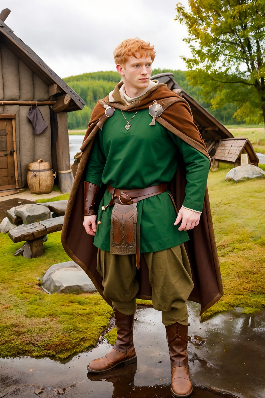 ViVi, viking village, standing outside a viking longhouse, ginger hair, JakobBergen, (clean shaven),  norsemenclothes, brown tunic, green cloak, cape, leather satchel, leather belt, leather vambrace, green pants, boots, (wide angle), (((full body portrait)))<lora:JakobBergen:0.8> <lora:NorseMenClothes:0.65> <lora:VikingVillage:0.65>