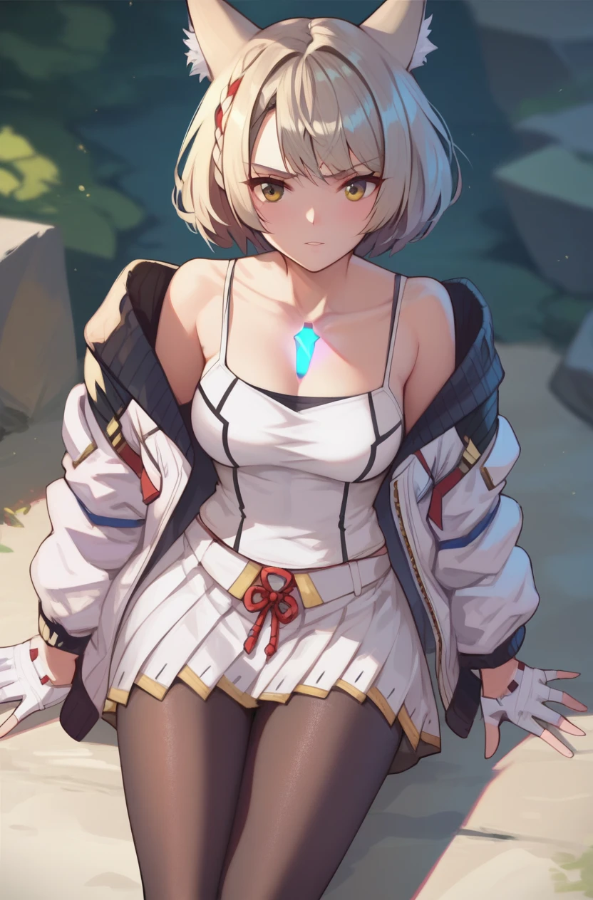 1girl, <lora:Mio_Xenoblade_PONY_v1:1>, (mio_xenoblade), short hair, skirt, animal ears, jacket, pantyhose, pleated skirt, cat ears, white skirt, white jacket, tank top, camisole, leggings, white tank top, chest jewel, white camisole, solo, (medium breasts:0.9), (sagging breasts:0.2), 
best quality, masterpiece, (score_9), (score_8_up), (score_7_up), source_anime, anime, anime screencap, anime coloring,