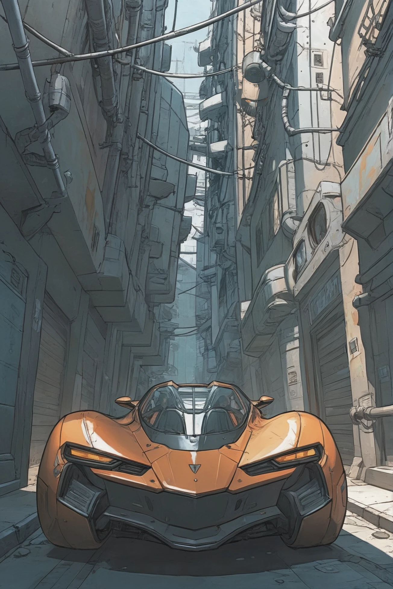 comics style, sharp outlines, A futuristic car in a back alley<lora:EnvyStarlightComics04x:1>