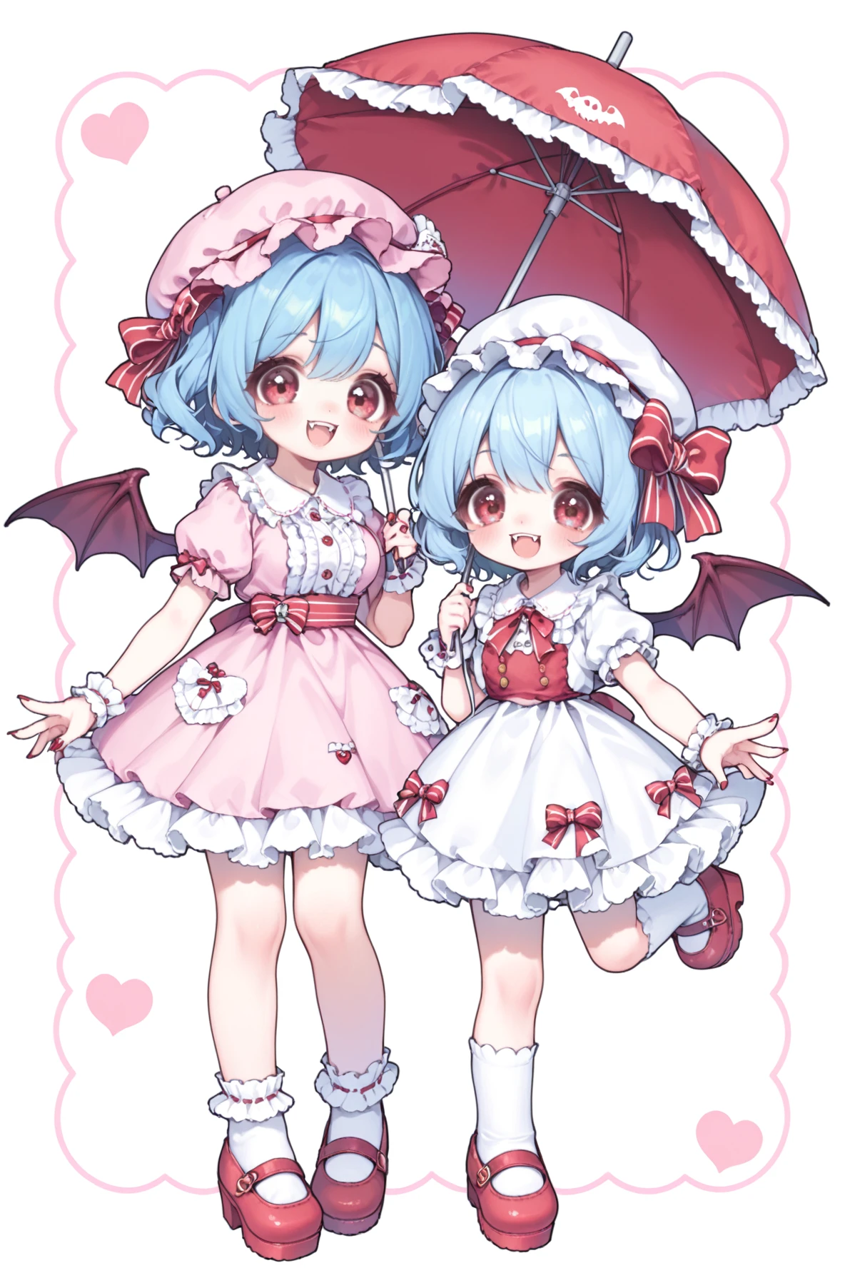 1girl, (mature female), large breasts, bat wings, white background, blue hair, bobby socks, demon wings, dress, fangs, frilled legwear, frills, hat, hat ribbon, holding, holding umbrella, jewelry, looking at viewer, mary janes, mob cap, multiple girls, nail polish, open mouth, parasol, pink dress, pink headwear, pink umbrella, puffy sleeves, red eyes, red footwear, red ribbon, red sash, red umbrella, remilia scarlet, ribbon, sash, shared umbrella, sharp teeth, shoes, short hair, short sleeves, simple background, smile, socks, teeth, umbrella, white dress, white legwear, wings, wrist cuffs dutch angle, white background, 
 <lora:StrawbunimilkR2_r2:0.7>