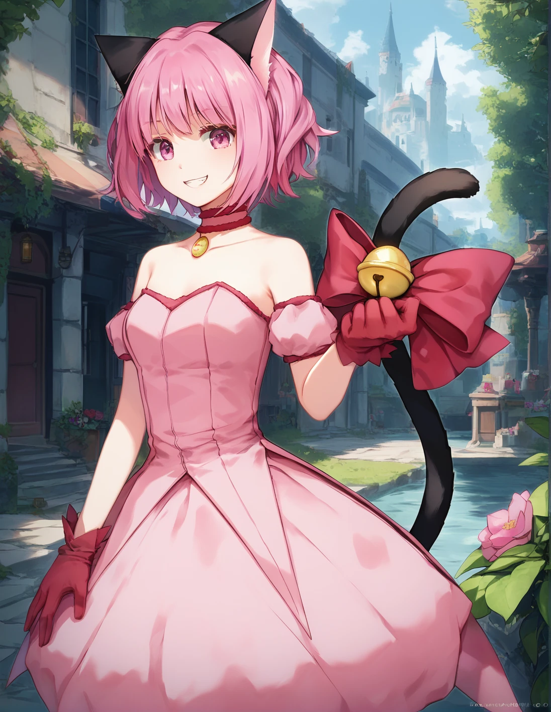 score_9, score_8_up, score_7_up, best quality, masterpiece, 4k, uncensored, prefect lighting, rating_explicit, very aesthetic, anime ,absurdres ,zPDXL, zPDXLpg,1girl, solo, <lora:sdxl-lyco-mew_ichigo-original-ponyDiffusionV6XL-v1:1>, mew_ichigo, tail bow, gloves, cat tail, red gloves, tail bell, choker, detached sleeves,pink dress, strapless, relaxed posture, elbows extended, standing, ,,smile, best quality, very aesthetic, ultra-detailed, intricate details, 4k,BREAK in a dungeon