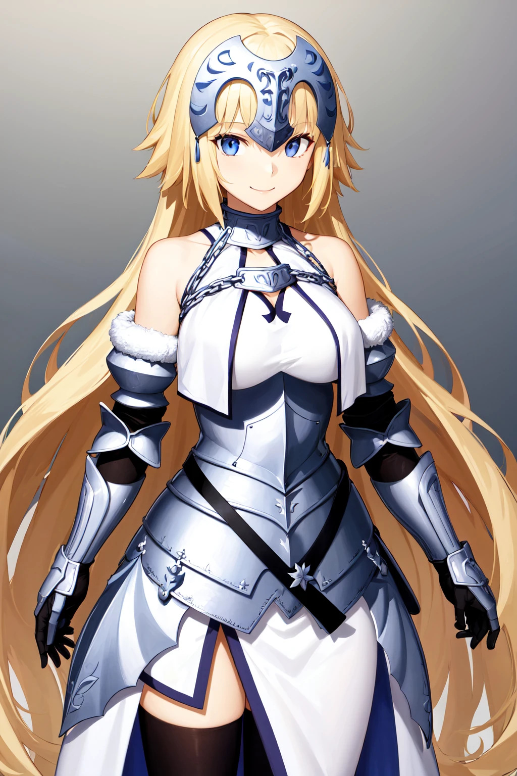 masterpiece, best quality, highres, bbjd, long hair, headpiece, bare shoulders, armor, armored dress, white dress, fur trim, gauntlets, black thighhighs, <lora:jeanne_d'arc_(fate)_v1:0.7>, standing, cowboy shot, smile,