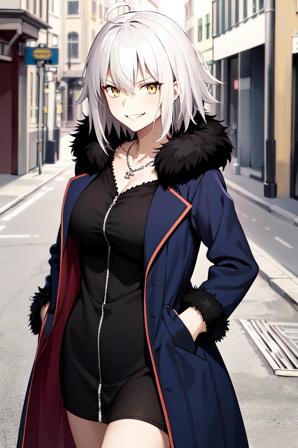 masterpiece, best quality, highres, ccjda, short hair, white hair, ahoge, necklace, short dress, taut dress, (black dress:1.2), fur-trimmed jacket, blue jacket, long sleeves, <lora:jeanne_d'arc_alter_(fate)_v1:0.7>, hands in pockets, evil grin, street, cowboy shot, walking