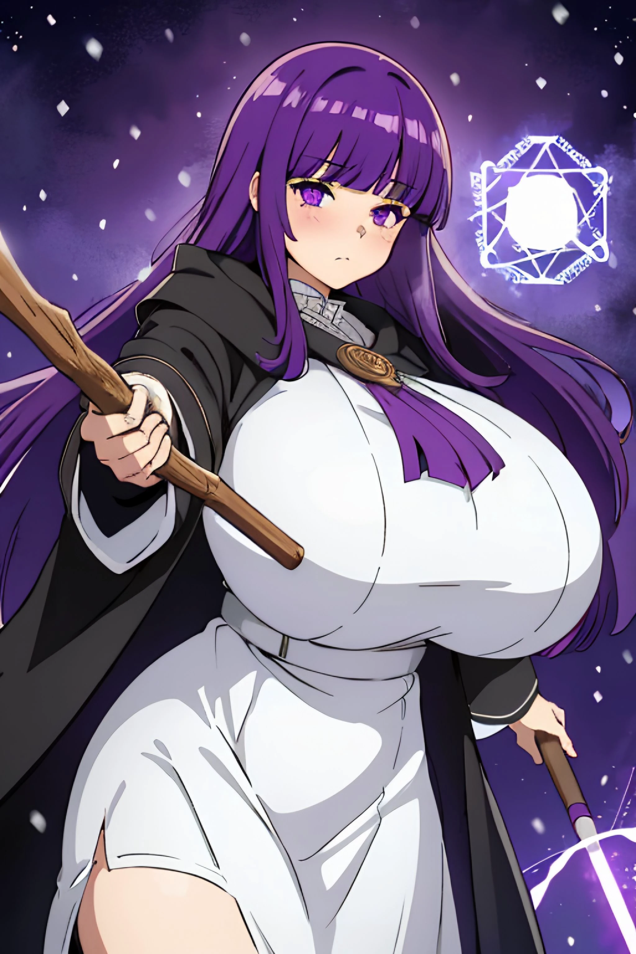 1girl,pouting,looking at viewer,white dress,black robe,wooden staff,purple hair,long hair,blunt bangs,purple eyes,(gigantic breasts:1.35),holding staff,casting spells,magical stance,snowing,outdoors,glowing magic beam,magic circle,hexagons,<lora:Fern:0.95>