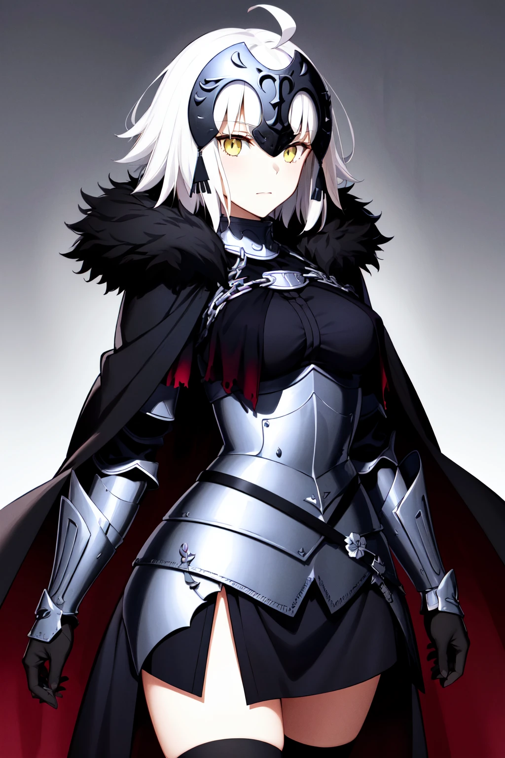 masterpiece, best quality, highres, aajda, short hair, white hair, ahoge, headpiece, fur trim, black cape, armor, armored dress, gauntlets, black thighhighs, <lora:jeanne_d'arc_alter_(fate)_v1:0.7>, standing, cowboy shot, night