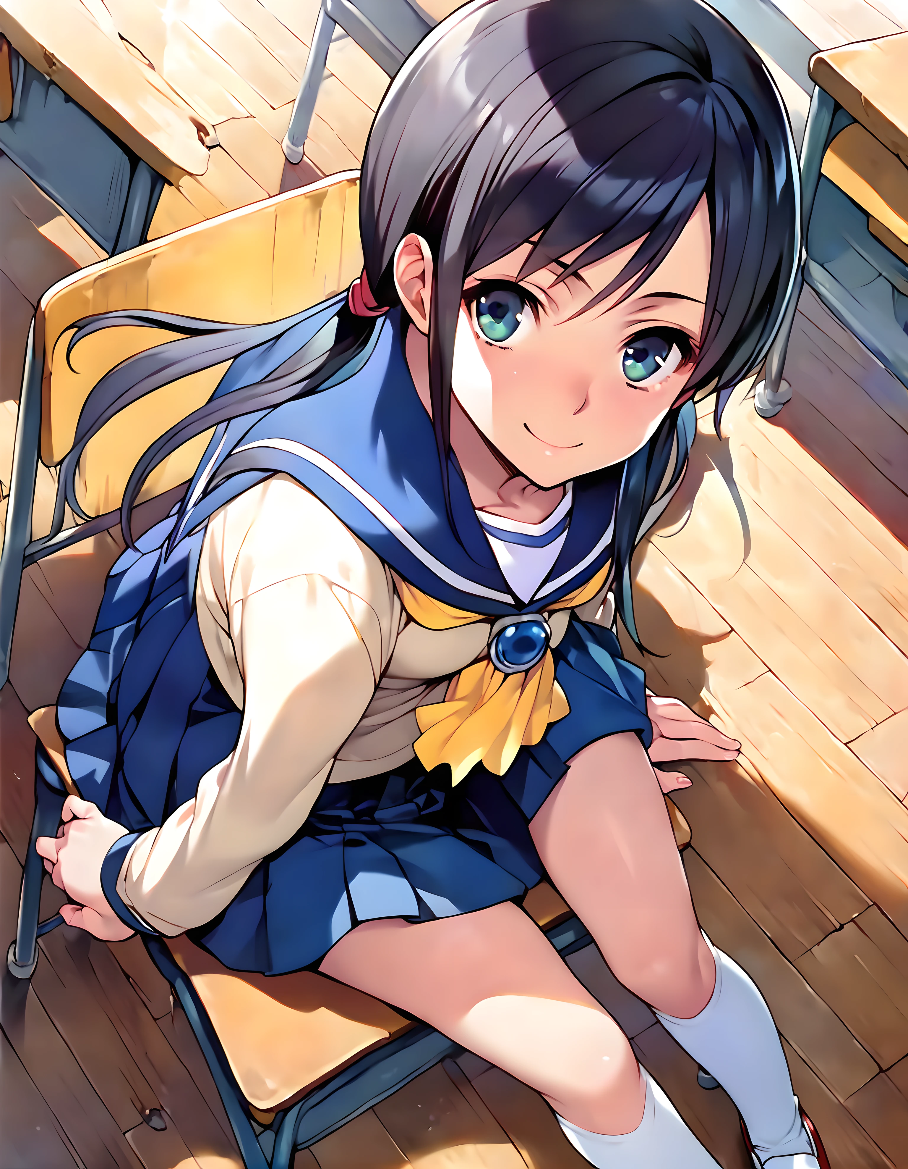 <lora:pony_xl_ayumi:0.8>,ayumi,score_9,score_8_up,score_7_up,source_anime,1girl,solo,looking at viewer,school uniform,serafuku,long sleeves,ascot,blue skirt,pleated skirt,kneehighs,wrinkling of clothes,white socks,uwabaki,shoes,classroom,chair,on floor,wooden floor,sitting_on_chair,knees_together_feet_apart,smile,front view,from_above,moody lighting,light and shadow,