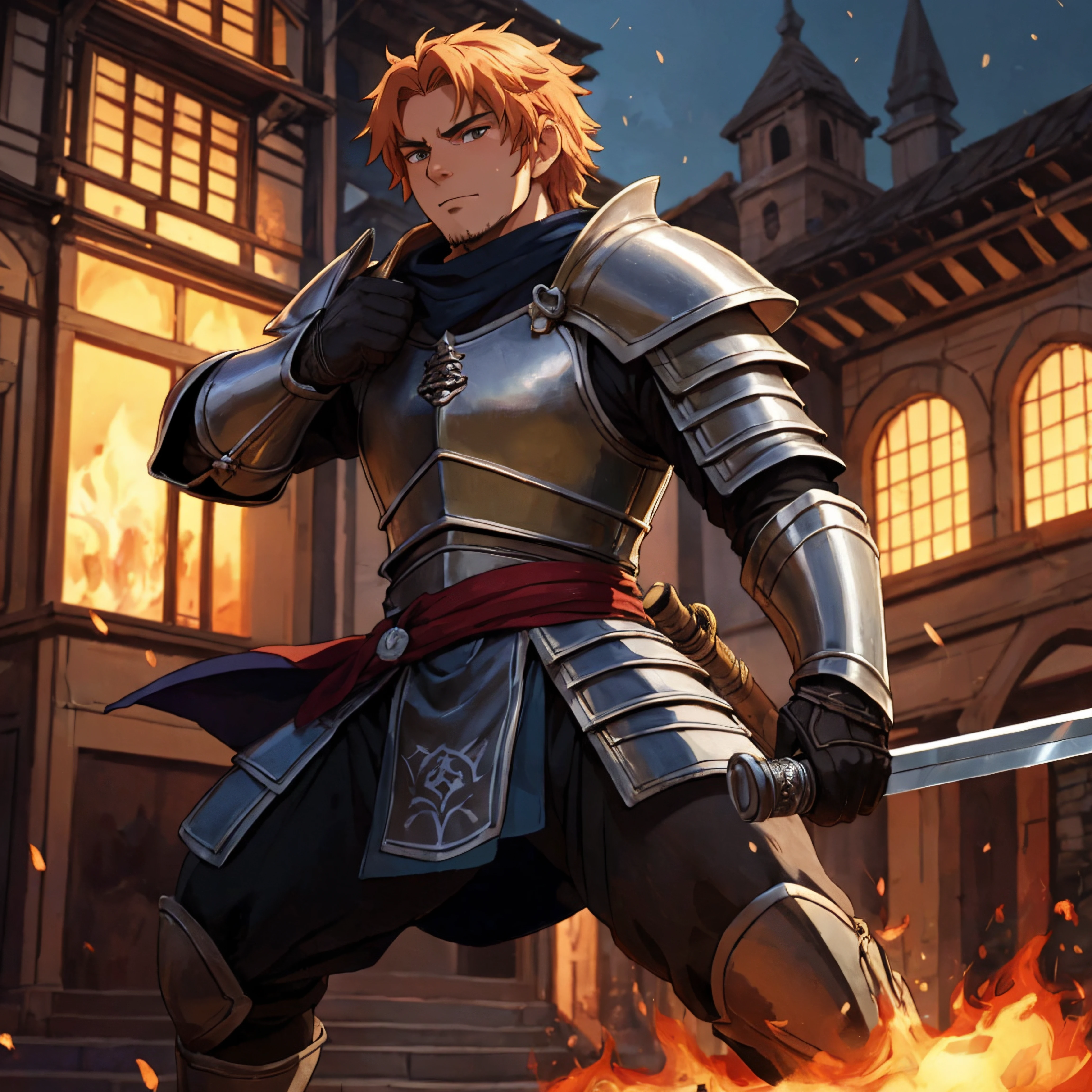 (italian man), wearing embers knight armor, burning, glowing, fighting stance, fantasy city background, holding sword, best quality, masterpiece, highly detailed, (detailed background), depth of field, soft focus, intricate details, 8k, photo of a man, (anime:1.3) art, studio ghibli