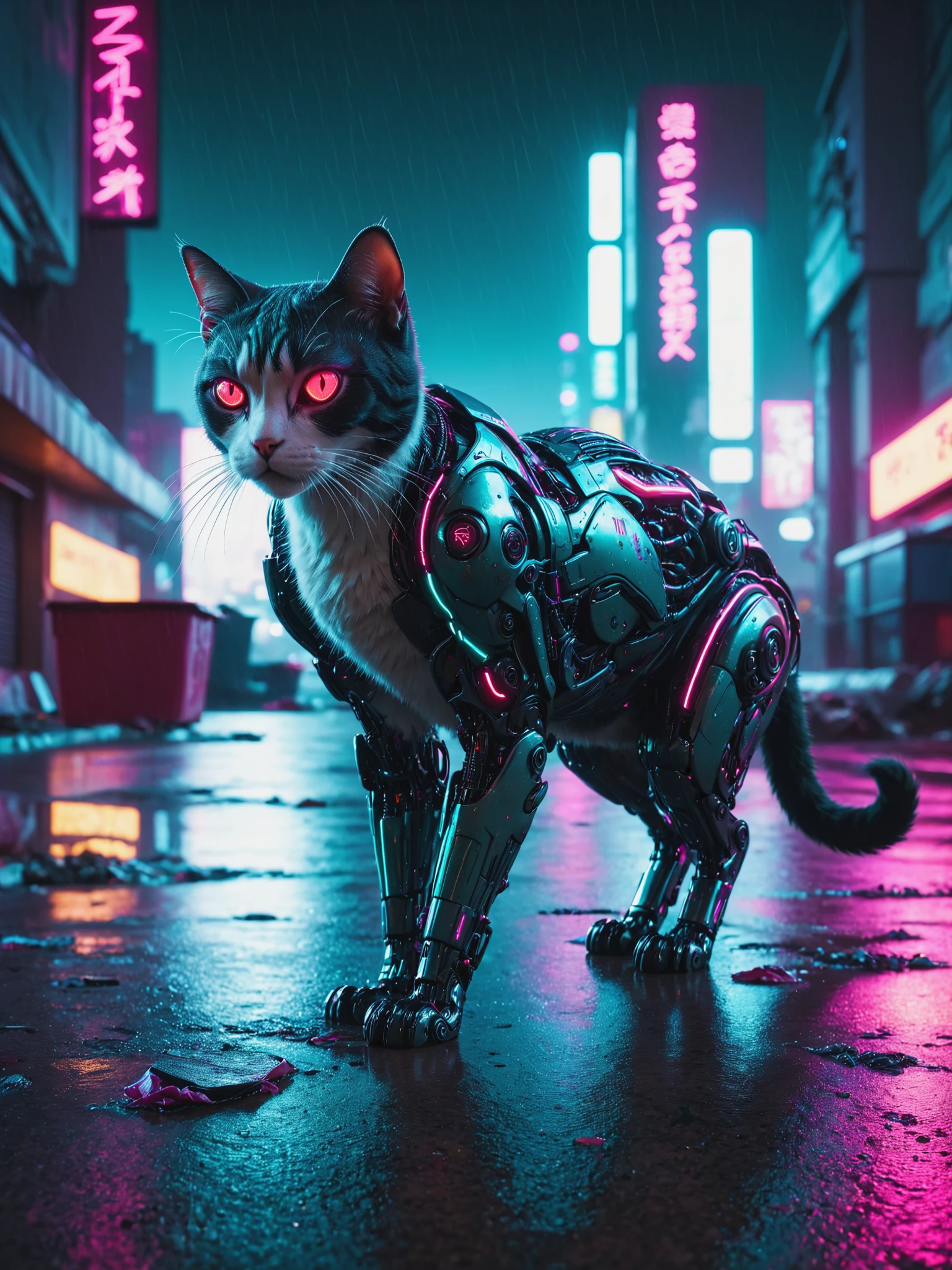 mad-cybrnmls cat prowling on the roof of cyberpunk city, neon lights, (night:1.2), rain, puddle, (garbage:1.3), red eyes, dynamic pose, cinematic shot, teal, magenta, yellow <lora:Neon_Cyberpunk_Cyberanimal_SDXL_v2:0.6> sharp, raw photo, film grain, Fujifilm XT3, (photorealistic, realistic:1.2), deep shadow, 8k, uhd, dslr, ultra high res
