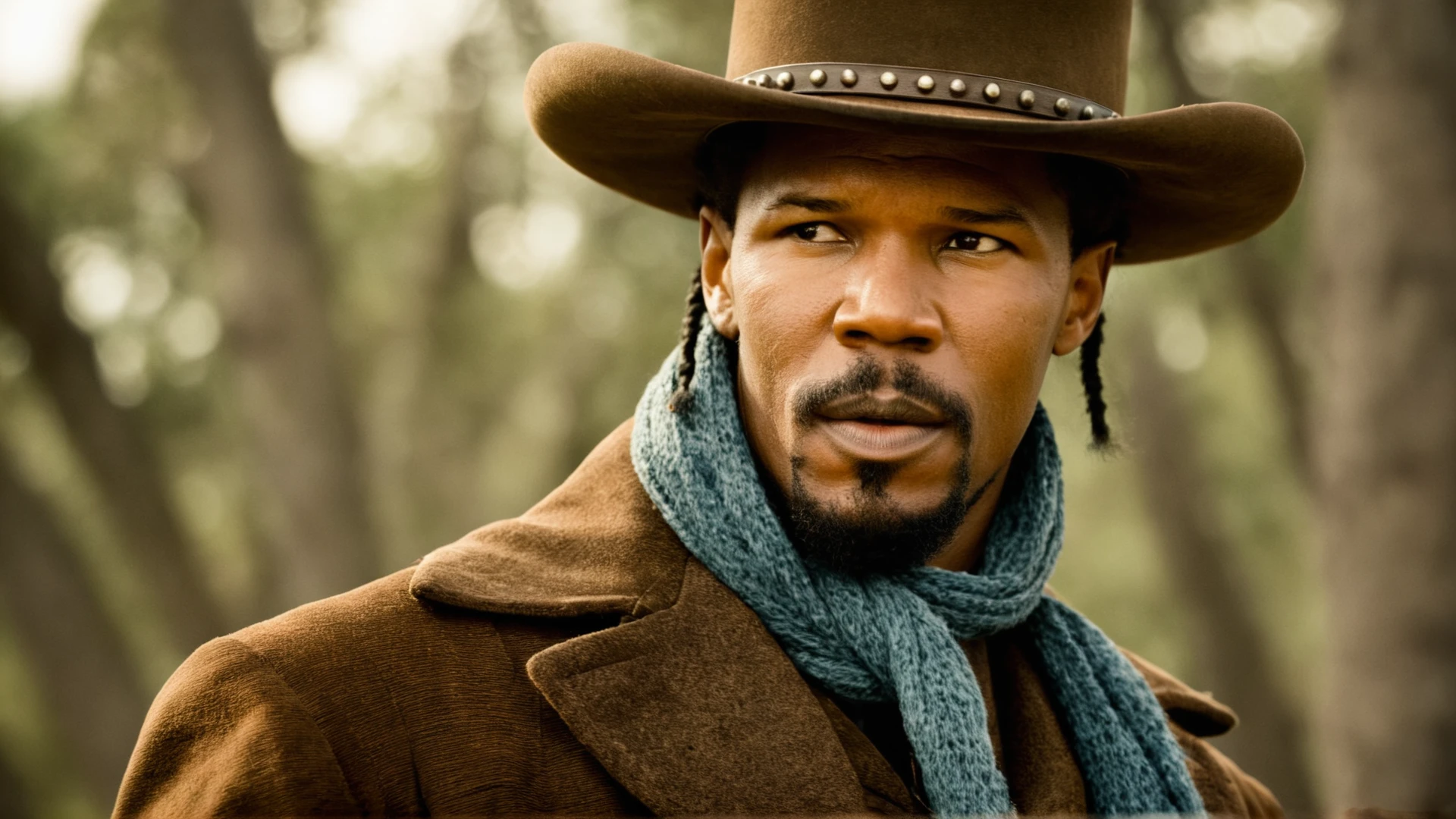 cinematic film still of <lora:detailed:0.2> 
<lora:perfection style:0.2>
<lora:Ron Fricke style:0.1>
 <lora:Django Unchained film style:0.8>
In 1858 Jamie Foxx a man in a cowboy hat and scarf,solo,looking at viewer,black hair,1boy,hat,ponytail,male focus,scarf,copyright name,facial hair,parody,beard,realistic,mustache,cowboy hat,cowboy western , 1800's, western film style, Django Unchained film style,cinematic movie poste, shallow depth of field, vignette, highly detailed, high budget, bokeh, cinemascope, moody, epic, gorgeous, film grain, grainy