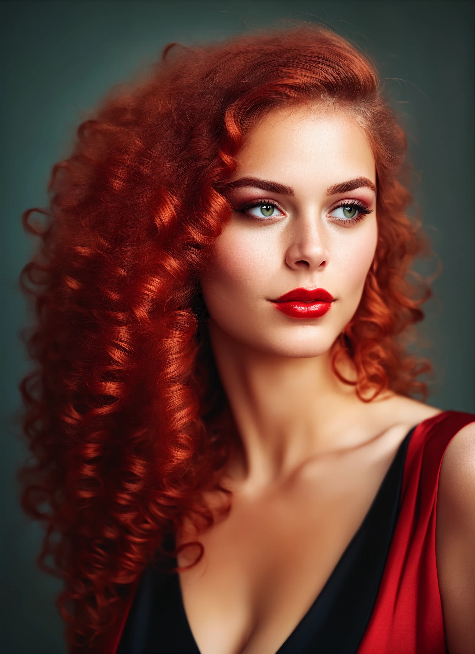 score_9,score_8_up, score_7_up, portrait of woman with red hair, facing viewer, looking to the side, red lips, curly hair, black evening dress