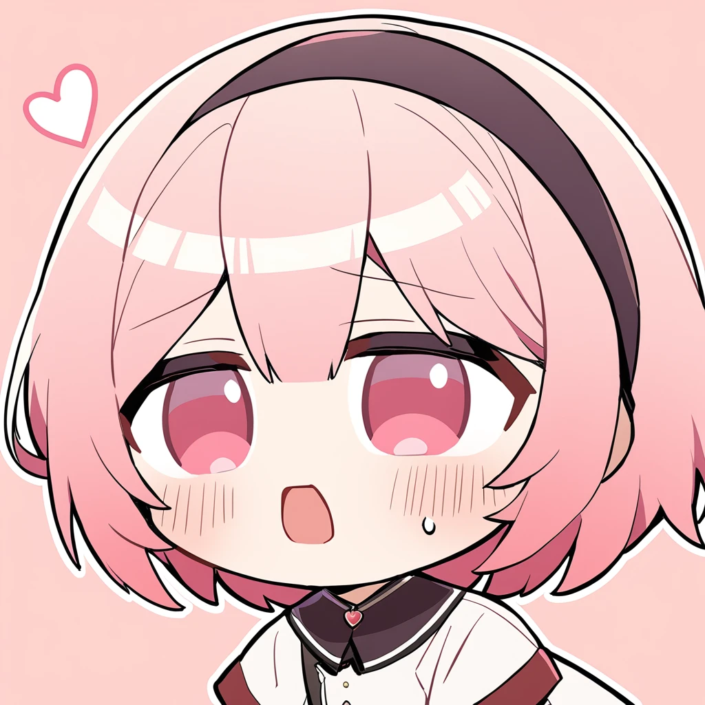 1girl, 
solo, chibi, pink hair, blush, hairband, sweatdrop, pink eyes, looking at viewer, heart, white background, short hair, simple background, open mouth
 <lora:mki-ani3-style1-000050:1>