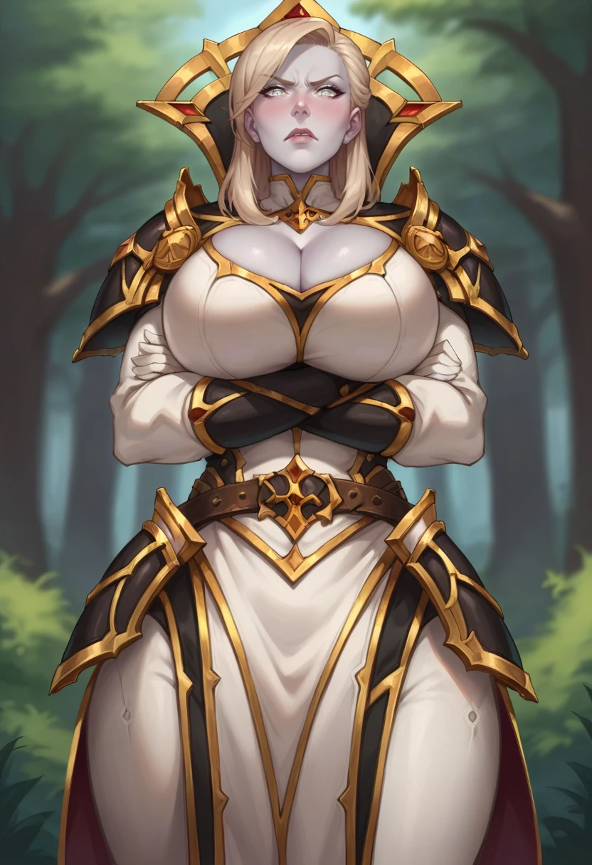 score_9, score_8_up, score_8, source_anime, 1girl,  <lora:CaliaMenethil:0.65> solo, breasts, huge breasts, cleavage, colored skin, grey skin, blonde hair, white eyes, armor, gloves, shoulder armor, pauldrons, belt, pelvic curtain, view from below, looking at viewer, angry, blush, arms crossed, 
forest background, blurry background,