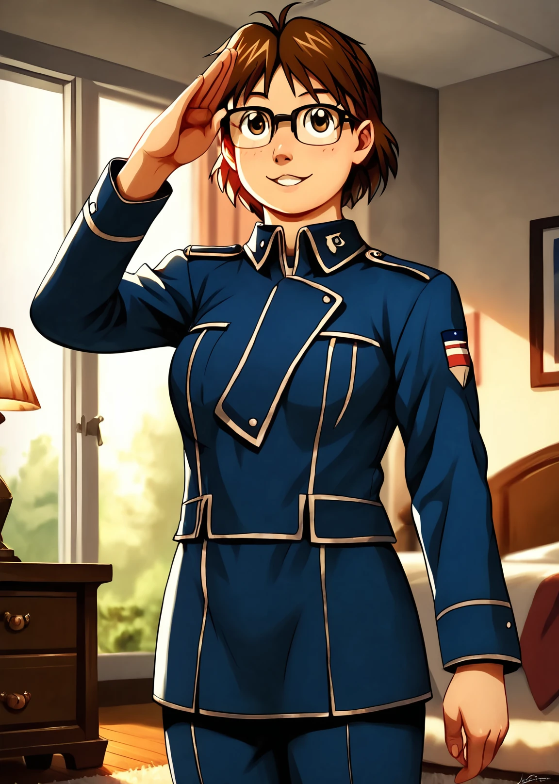 score_9, score_8_up, score_7_up, score_6_up, Detailed Background, BREAK
 <lora:Sheska:0.8>, 1girl, Sheska, brown hair, glasses, military uniform, salute, bedroom,