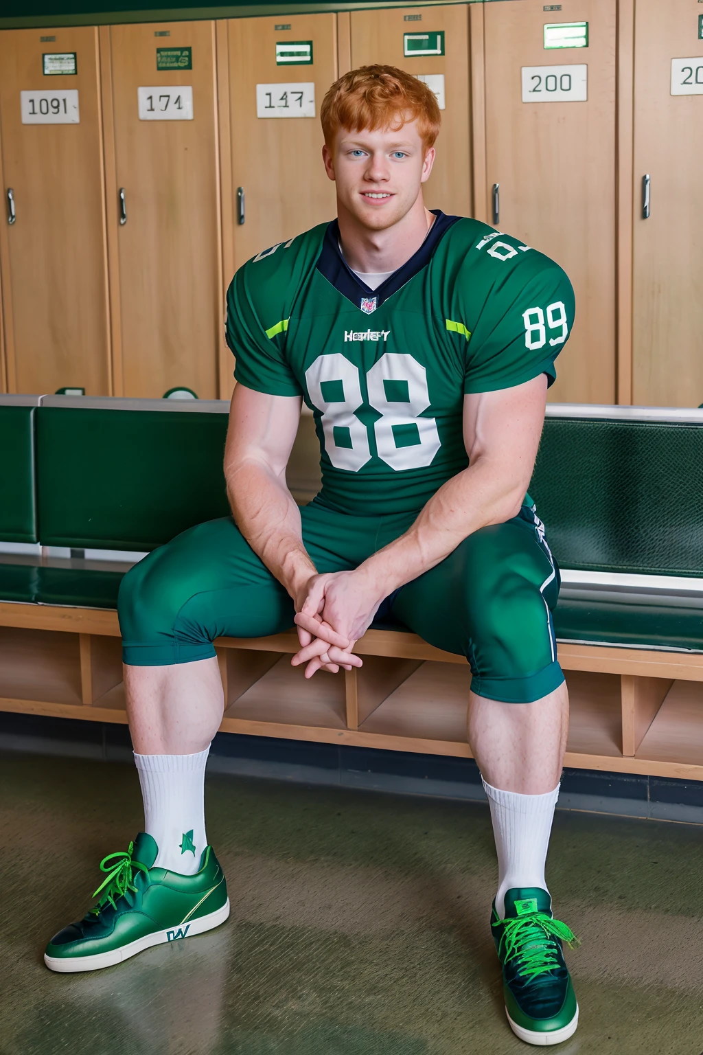 locker room, sitting on a bench, in front of lockers, slightly smiling, ginger hair, JakobBergen is an (American football player), wearing (football uniform:1.3), (green jersey:1.3), (shoulder pads), (jersey number 88),  (green football pants:1.3), (long white socks), (black sneakers), (((full body portrait))), wide angle  <lora:JakobBergen:0.8>