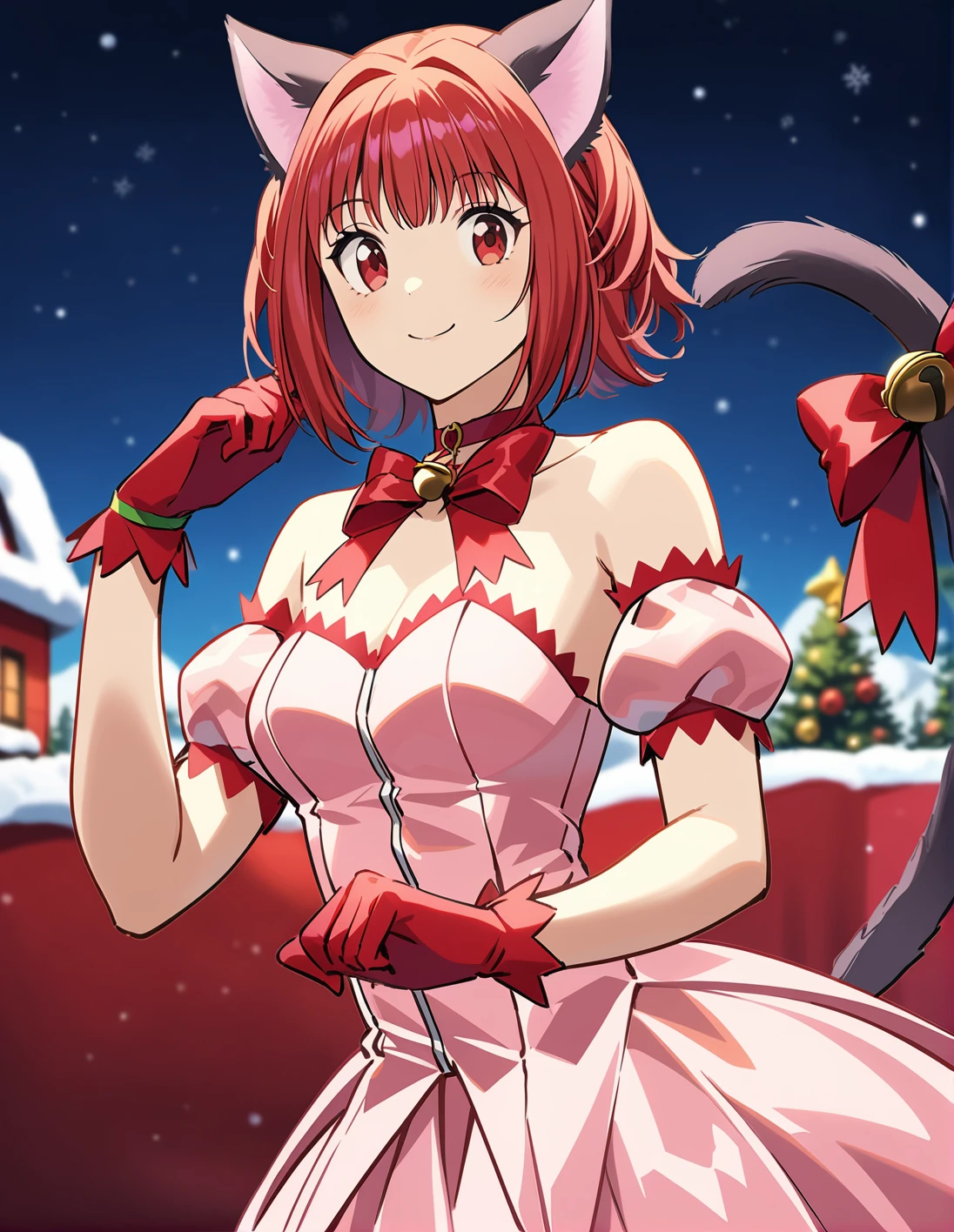 1girl, solo, <lora:sdxl-lyco-mew_ichigo-remake-animagine_xl_3_1-v1:1>, mew_ichigo_remake, tail bow, gloves, cat tail, red gloves, tail bell, choker, detached sleeves,pink dress, strapless, relaxed posture, elbows extended, standing, ,,smile, best quality, very aesthetic, ultra-detailed, intricate details, 4k,BREAK at the north pole