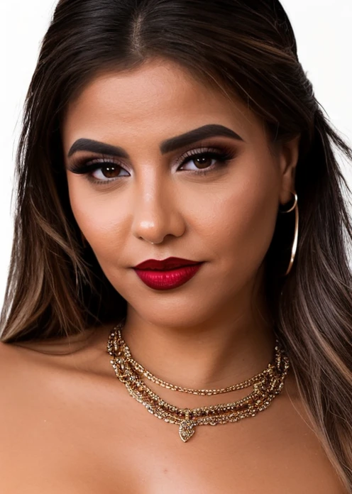 glamorous photo of a captivating masterpiece of an woman in a criss-cross neckholder dress, necklace, jewelry, earrings, half body, The intricate lace and gold details exude a very rebellious aura. ((The use of high-shine gloss adds a touch of glamour to the look)), ((while the deep red and black hues give it a dramatic vibe)), dark blurred background, studio ligthing, facing camera, shallow depth of field, <lora:MS_MalenaDoll_V1_32:0.8>, high fashion, luxurious, extravagant, stylish, sensual, opulent, elegance, stunning beauty, professional, high contrast, detailed