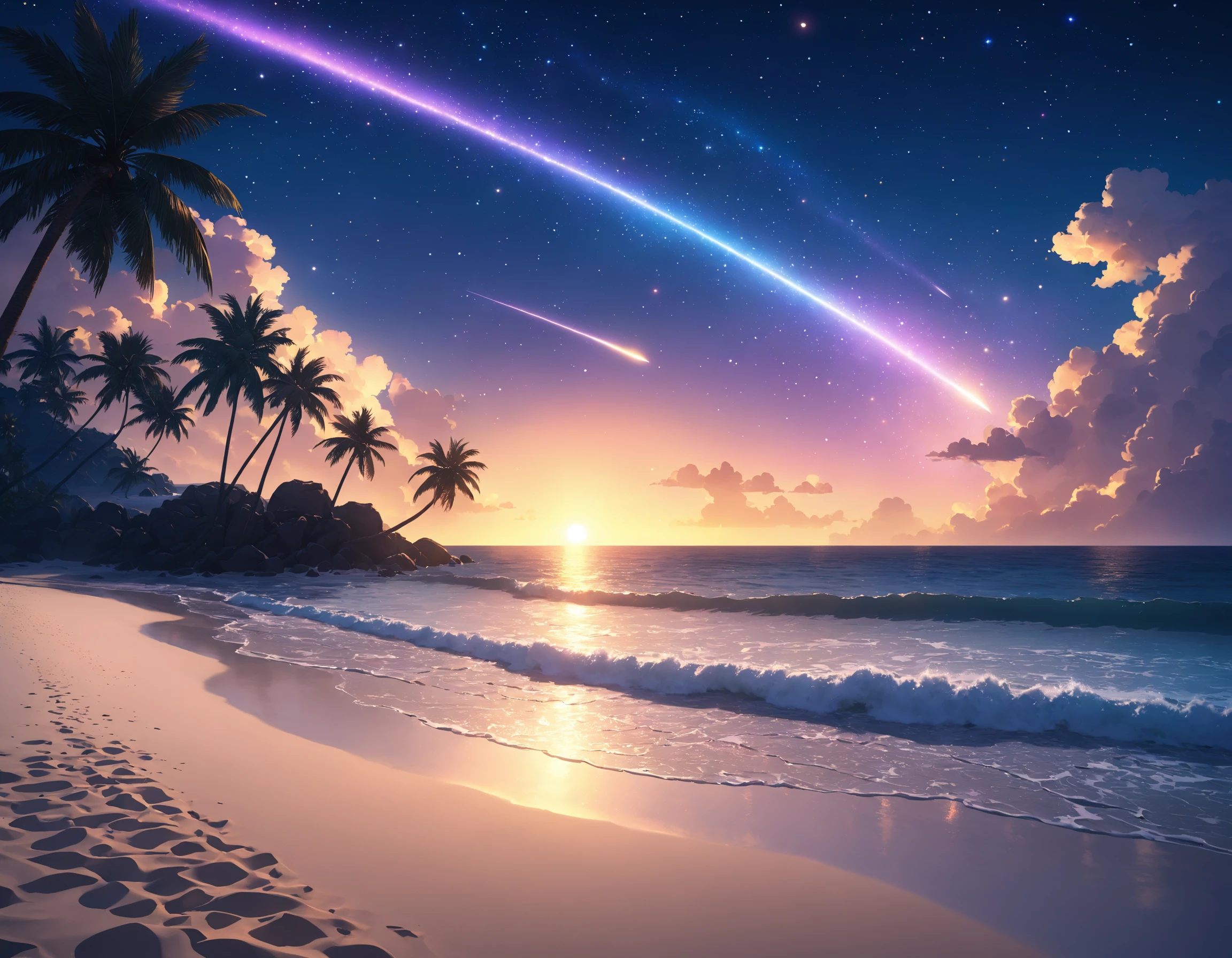 outdoors, sky, cloud, water, tree, no humans, night, ocean, beach, star , (sky), night sky, scenery, starry sky, sunset, rock, sand, palm tree, horizon, waves, shore, shooting star, cinematic angle, cinematic lighting, masterpiece, official art, Lut_BluPink