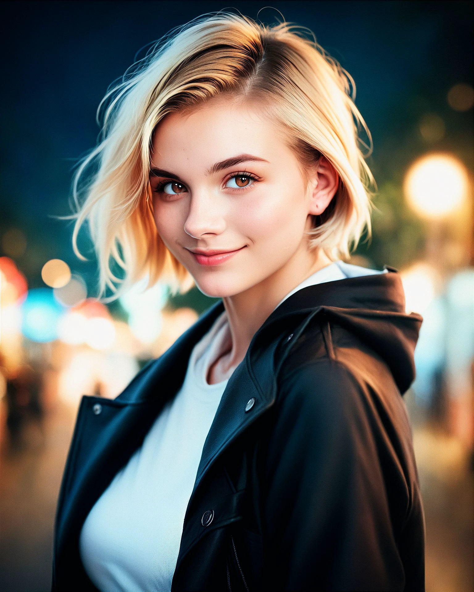 score_9,score_8_up, score_7_up, woman standing, light smile, blush, rating_safe, black jacket, from side, looking at viewer, upper body, medium breasts, white shirt, festival background, bokeh, short blonde hair, streaked hair, light brown eyes, realistic