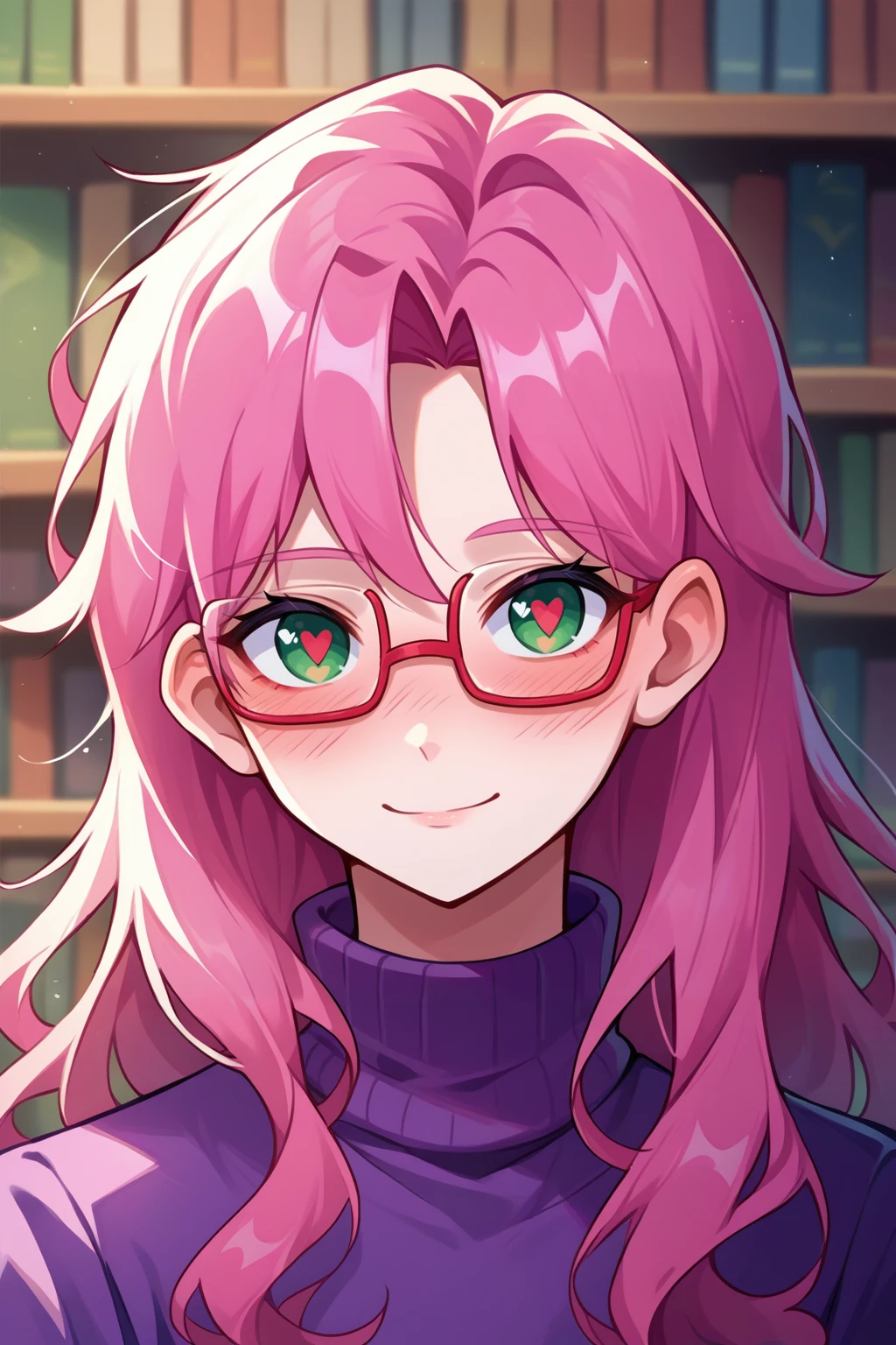 source_anime, score_9, score_8_up, 1girl, solo, <lora:NSStylistTerraria:1> NSStylistTerraria, pink hair, long hair, green eyes, glasses, purple sweater, portrait, turtleneck, heart-shaped pupils, slight smile, pale skin, heavy blush, looking at the viewer, library