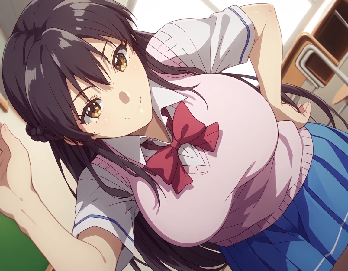 score_9, score_8_up, score_7_up, source_anime,
yurishibasaki, <lora:yuri-shibasaki-ova-ponyxl-lora-nochekaiser:1>,
yuri shibasaki, long hair, black hair, brown eyes, braid, half updo, large breasts,
bow, school uniform, bowtie, red bow, sweater vest, pink sweater vest, skirt, blue skirt, pleated skirt,
indoors, classroom, bent over, smile,
solo, dutch angle, looking at viewer, cowboy shot,
