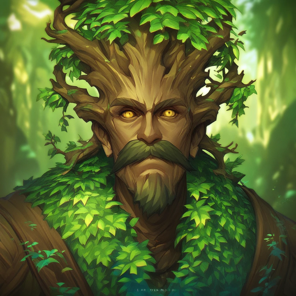 (((beautiful, high quality))), score_9, score_8_up, score_7_up, Ent, living tree, colored bark, colored foliage, 1boy, green foliage, brown bark, yellow eyes, mustache, fantasy background, blurred background