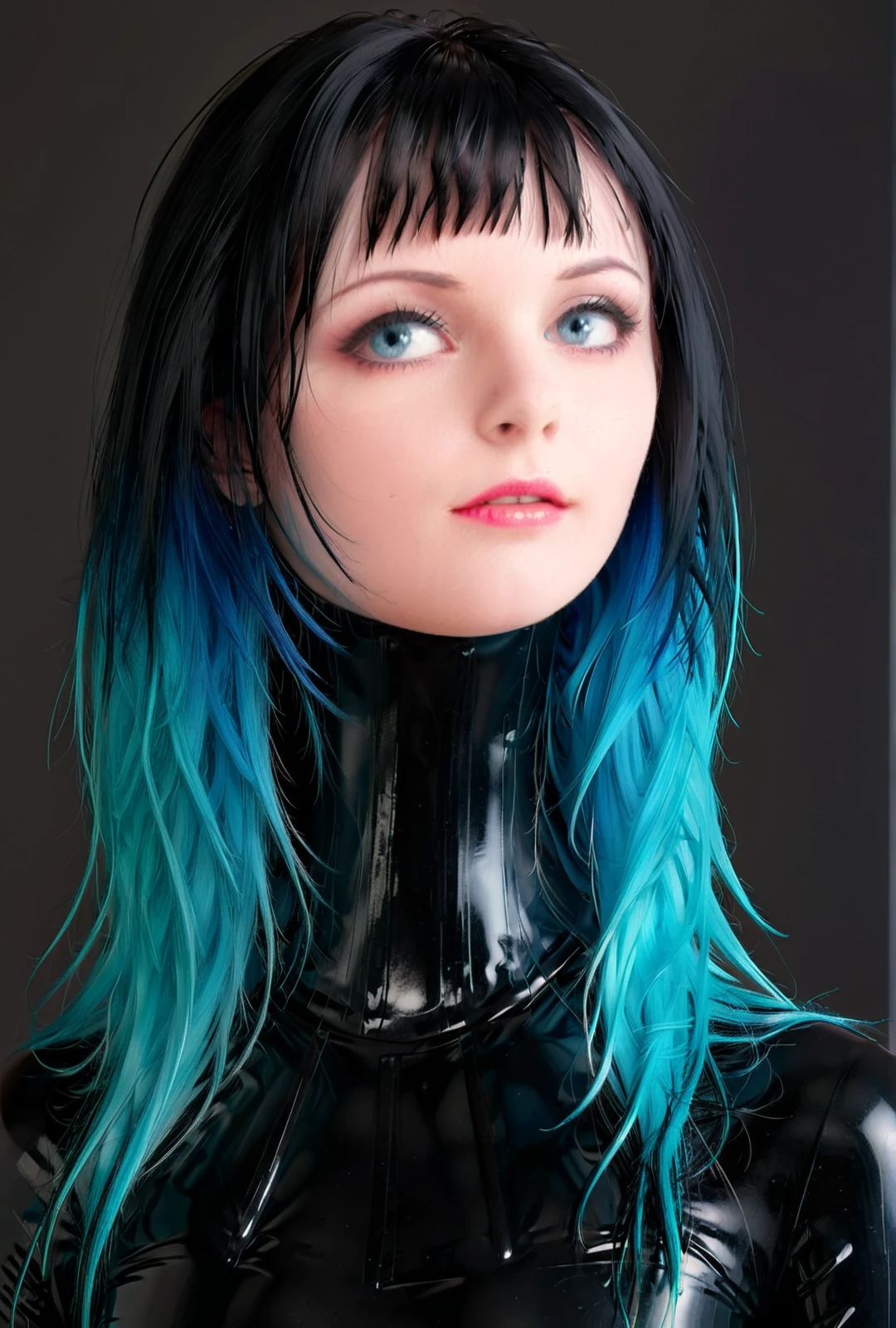 <lora:neckcorset:0.5> pale skinned emo goth girl with blue eyes and multicolored hair, black latex clothes, head and shoulders, Masterpiece;highly detailed; extreme,octane render, zbrush, blender, 3d,post-processing,HDR; lightning; volumetric; cinematic; ray tracing; RTX;radiant light rays,subsurface scattering,soft edge lighting,realistic shadows;vibrant colors,high-res, 8k,16k,32k,Playful shadows dance across her face,