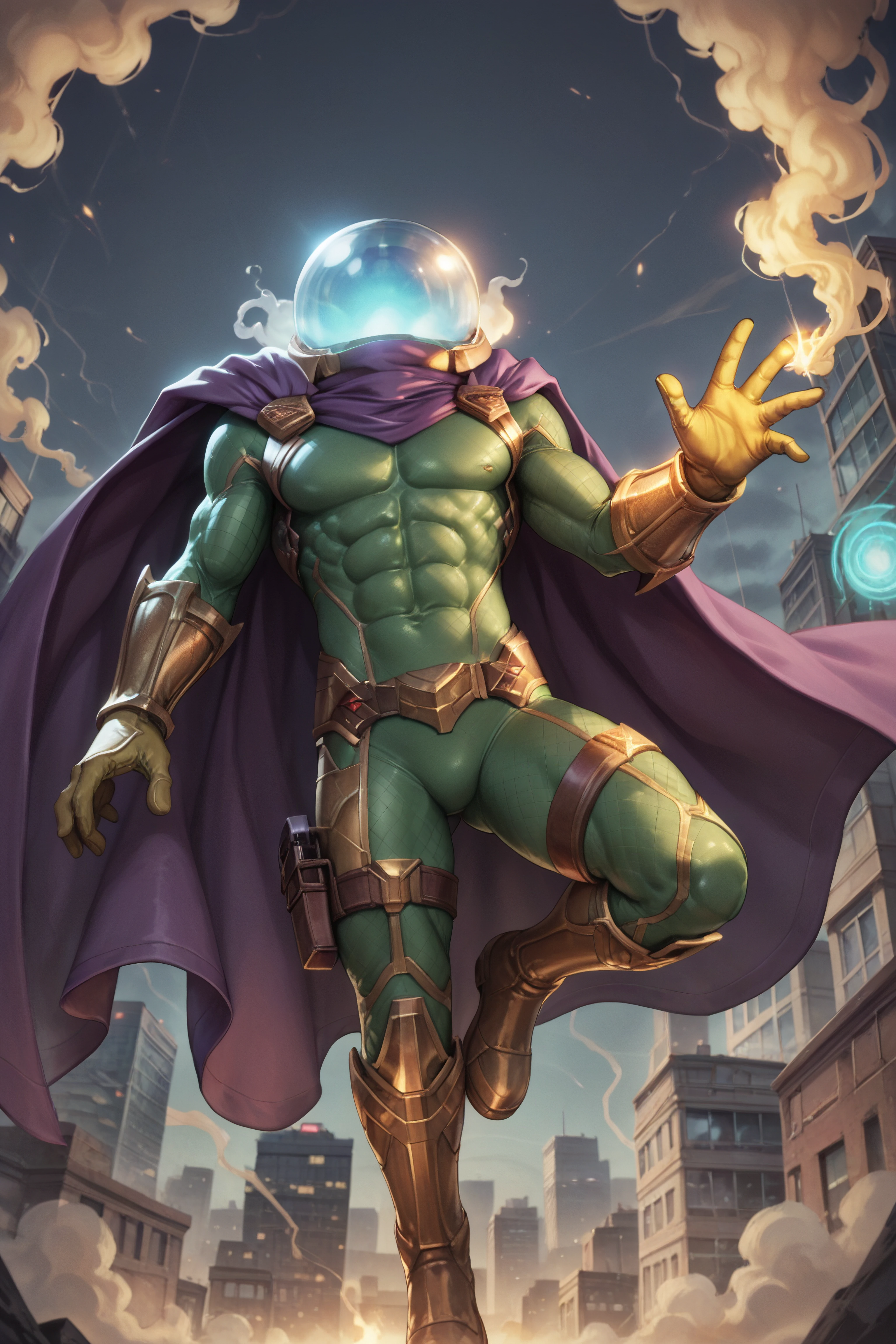 score_9, score_8_up, score_7_up, 8k, very detailed, high detailed texture, depth of field, golden hour, cinematic illumination, volumetric lighting, lab, city skyline, low shot, flying, action shot, <lora:AIPansen__Mysterio:0.8>1boy, cape, armor, gloves, helmet, superhero, bodysuit, purple cape, muscular, abs, glowing, smoke, boots, belt, green suit <lora:Realistic_2.5DAnime_Merge1:0.8>