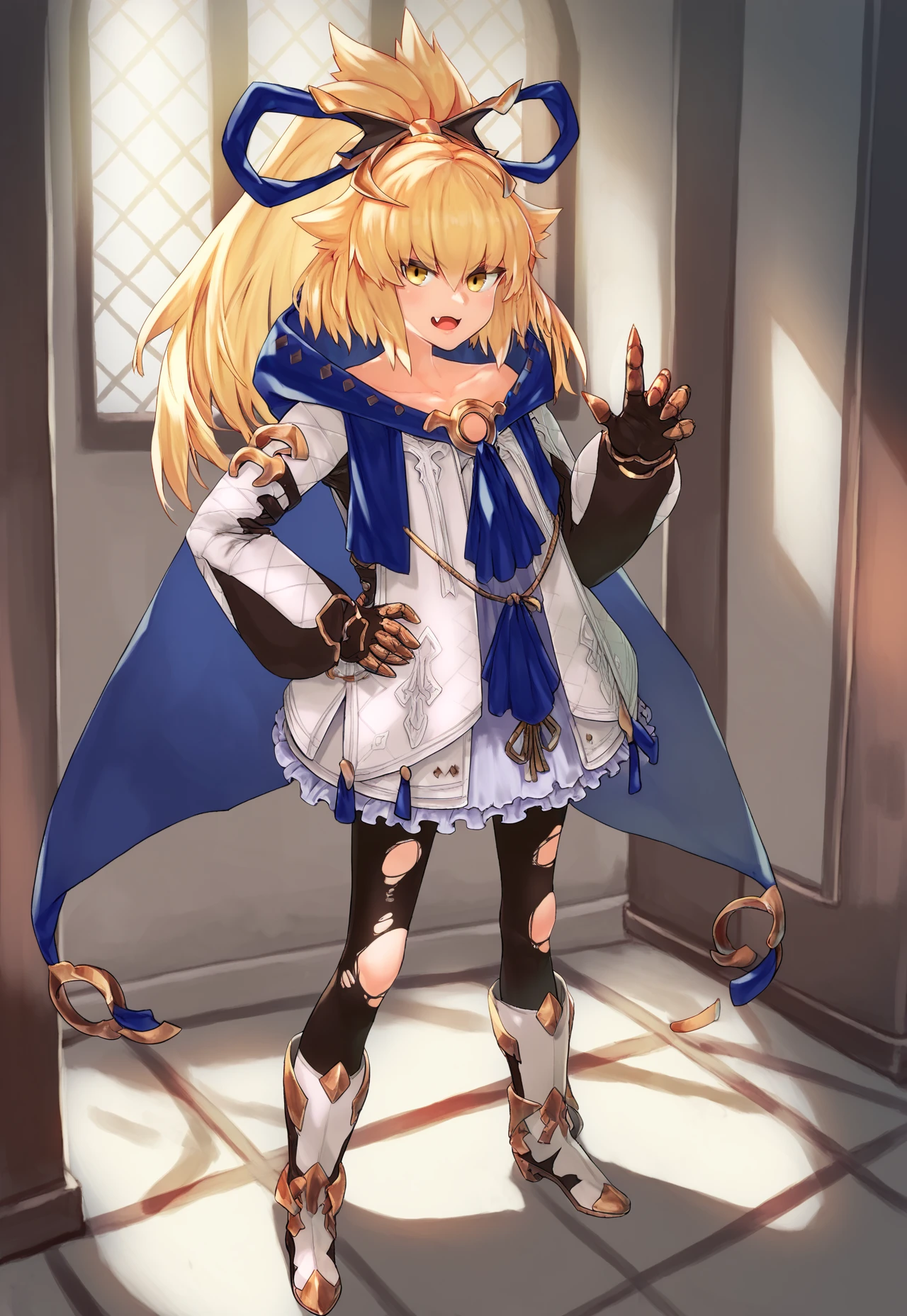 asanagi,  (score_9, score_8_up, score_7_up, :1.2)  detailed, highres, absurdres, a girl standing indoors, 1girl,   solo, standing, looking at viewer,  hand on hip, contrapposto , indoors,
blonde hair, dress,  white dress, long hair, ribbon,  yellow eyes, fang, bangs, hair ribbon, hair between eyes,  ponytail, blue ribbon, torn clothes, gauntlets, pantyhose, blue cape, boots, long sleeves, hair ornament, v-shaped eyebrows, frills, cloak, torn pantyhose, gloves, skin fang, frilled dress, black pantyhose, collarbone, blush, very long hair, cape, ascot, claws,  high ponytail, hood, yellow ribbon, sidelocks, jewelry, blue ascot, armor, sleeves past wrists, wide sleeves, , knee boots, collared dress, blue cloak, armored boots, claw (weapon), shoes, flat chest, coat,white footwear
[[hands]], rating_safe   <lora:sdxl_asanagi_v1:0.4>   <lora:SofinaPonyTest:1>