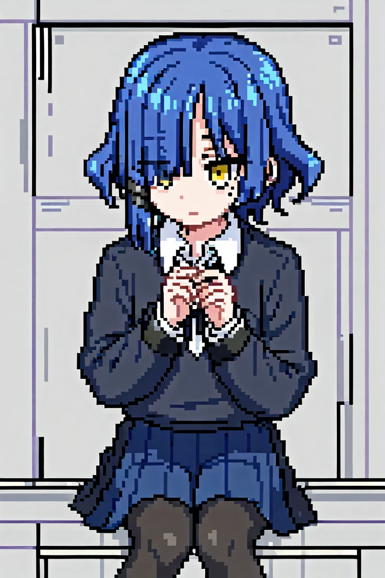 1girl, yamada ryo, yellow eyes, short hair, hair over one eye, blue hair, mole under eye, eyes visible through hair, hairclip, shimokitazawa high school uniform, collared shirt, white shirt, long sleeves, black ribbon, blue skirt, pleated skirt, black pantyhose, fingernails <lora:Pixel_Art_XL:0.8>