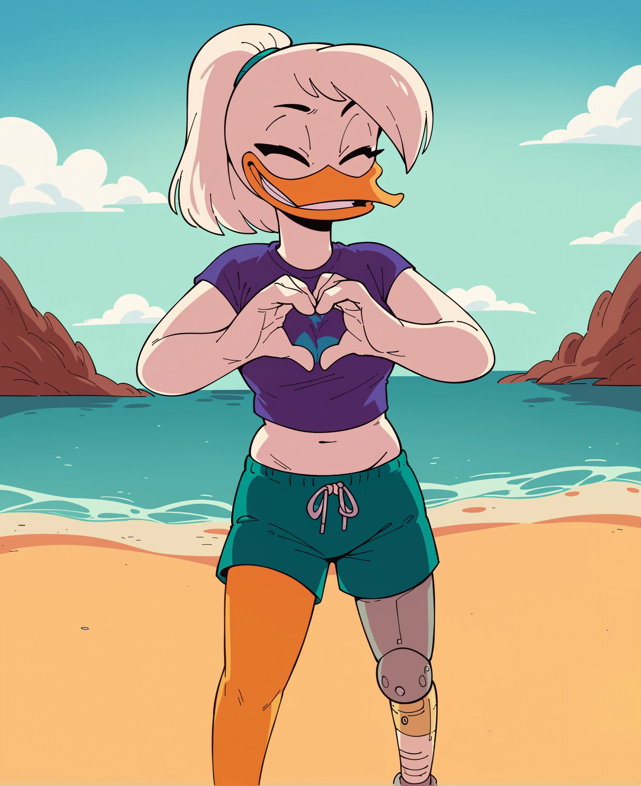 score_9, score_8_up, score_7_up, score_6_up, best quality, highres, source_furry, BREAK
ppp BREAK
1girl, outside, beach, standing, solo, furry, duck, della duck, beak, white skin, white body, white hair, short hair, ponytail, eyes closed, orange legs (brass leg, prosthetic leg), teeth, looking at viewer, breasts, crop top, swimming trunks, smile, mouth closed, hand heart <lora:Della_Duck:1>