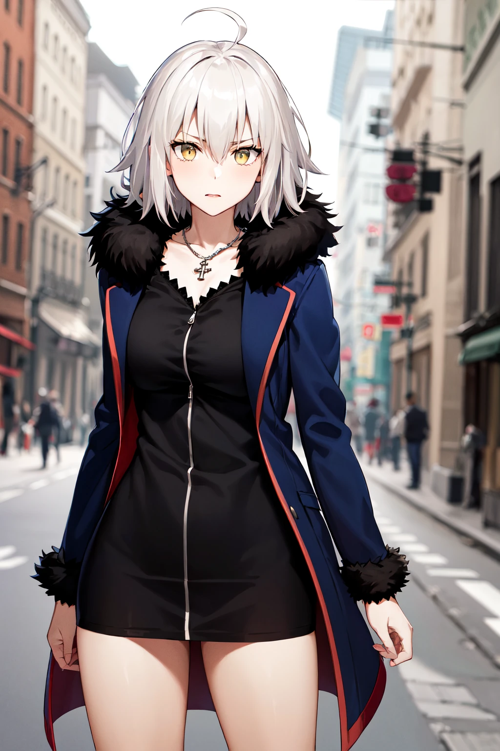 masterpiece, best quality, highres, ccjda, short hair, white hair, ahoge, necklace, short dress, taut dress, (black dress:1.2), fur-trimmed jacket, blue jacket, long sleeves, <lora:jeanne_d'arc_alter_(fate)_v1:0.7>, standing, cowboy shot, street