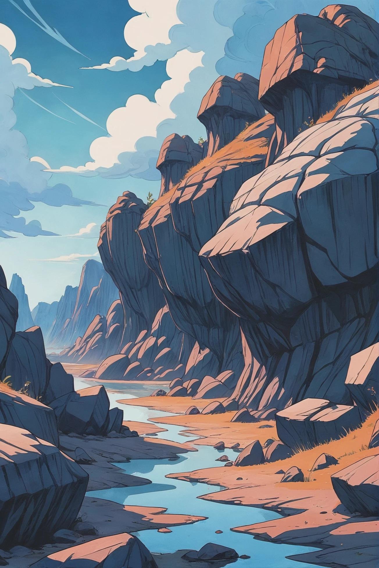 anime style watercolor, sharp outlines, morning, blue sky, clouds, scenery, in a slimy Mineral Rich Outcrops<lora:EnvyStarlightAnime06:1>