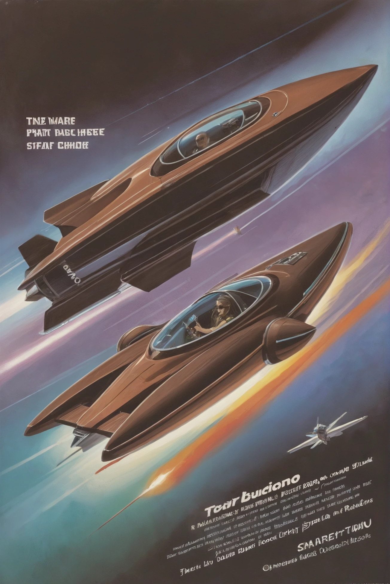 1980s pulp scifi poster, A sleek, streamlined, space-age, dark brown speedboat with a multi-dimensional jump drive<lora:80s_cover_art:1:1:lbw=SDXL_STYLE>