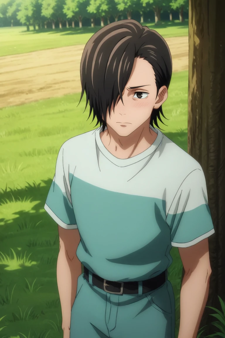 score_9, score_8_up, score_7_up, source_anime, rating_safe, intricate details, anime screencap, anime coloring, , , , 1boy, solo, male focus, <lora:junpei_yoshino_pony:0.98>, junpei_yoshino, black hair, black eyes, short hair, hair over one eye, cowboy shot, grass, tree, indoors, dark, leaning on object, embarrassed, nose blush, , <lora:sdxl_lightning_8step_lora:1>
