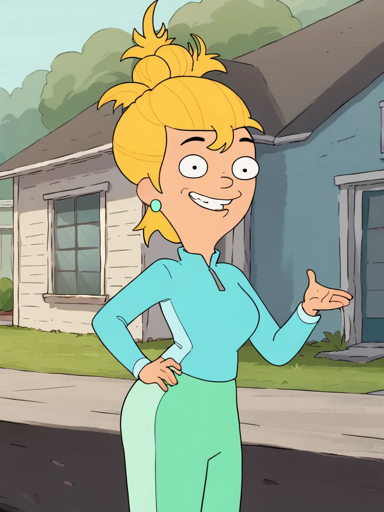<lora:AnnieHarrisPony1.0:1> annieharris, blonde hair, 1girl, solo, earrings, hair bun, green pants, blue track jacket, long sleeves, smile,standing, outdoors,upper body,looking at viewer, hand on own hip, score_9, score_8_up, score_7_up, score_6_up, score_5_up, score_4_up