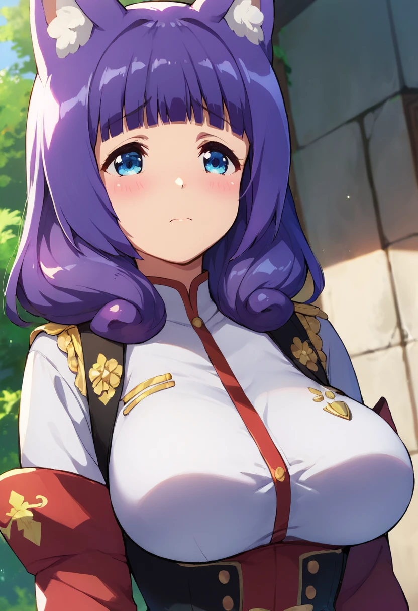 PonyXLV6_Scores ,source_anime, original anime style, masterpiece,best quality, highly detailed,<lora:xl_more_art-full_v1:0.8>,cinematic,volumetric light,
BREAK
 <lora:hitamu:0.8>hitamu,breasts, 1girl,animal ears,  blue eyes, large breasts, blush, purple hair, bangs, upper body, closed mouth, blunt bangs, solo,uniform,