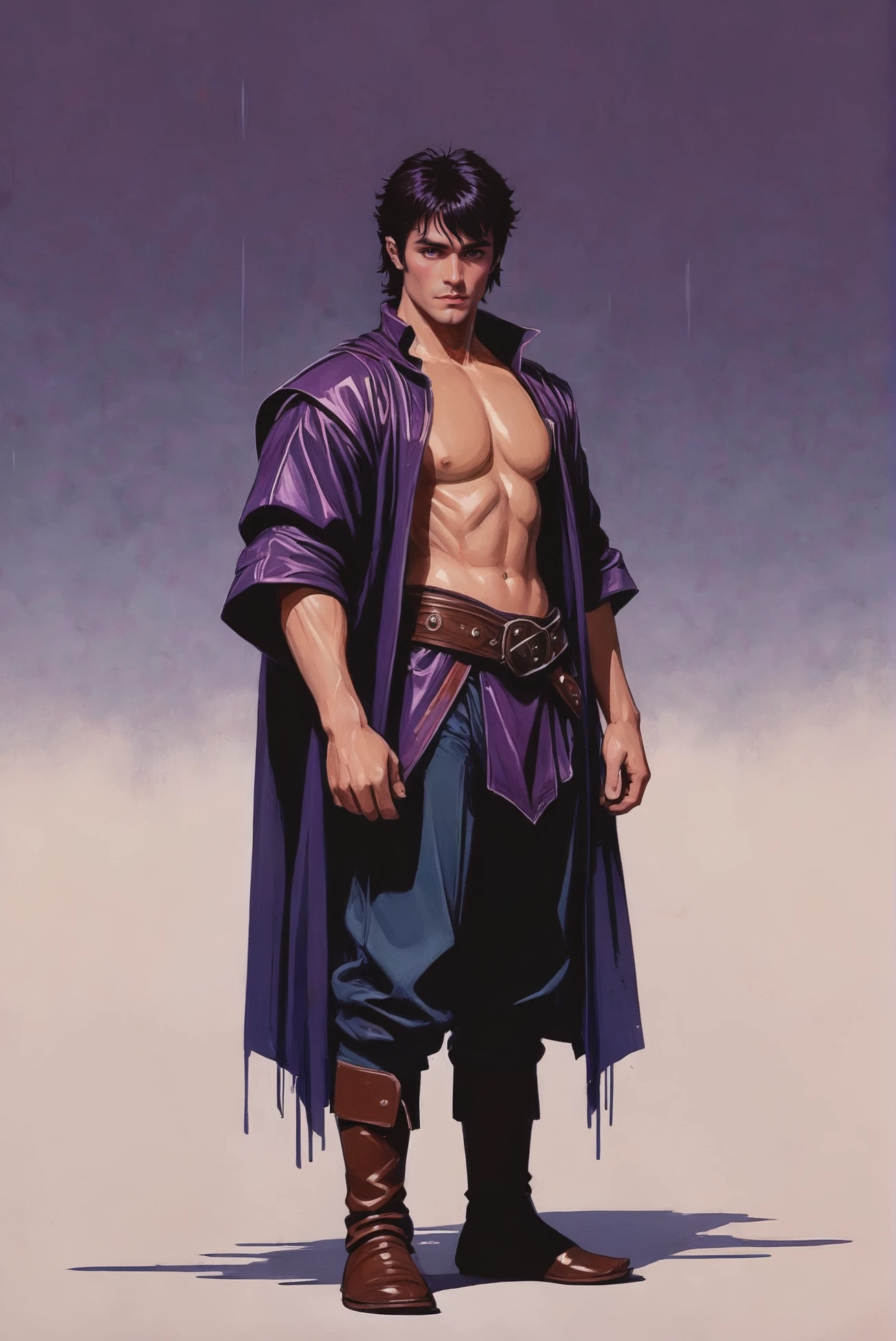 minimalist 1980s scifi poster, (full body:1.2), 1boy, man, ruggedly handsome, solo, [:creative costume design,:0.2] barbarian, silk robe, caucasian, darkviolet hair, (solid:1) build<lora:EnvyStarlight80sScifiPoster01:1>