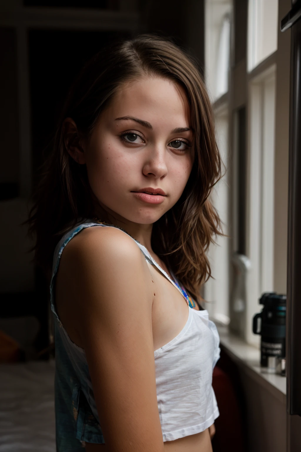 <lora:Dayanna:0.8>, full color portrait of a young woman, wearing a shirt, natural light, RAW photo, subject, 8k uhd, dslr, soft lighting, high quality, film grain, Fujifilm XT3