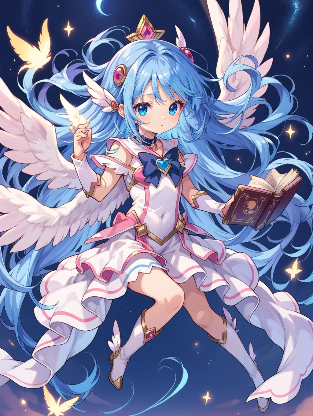 score_9, score_8_up, score_7_up,
night sky,
solo,detached wings,magical girl, blue hair, very long hair,
floating,one hand holding book,