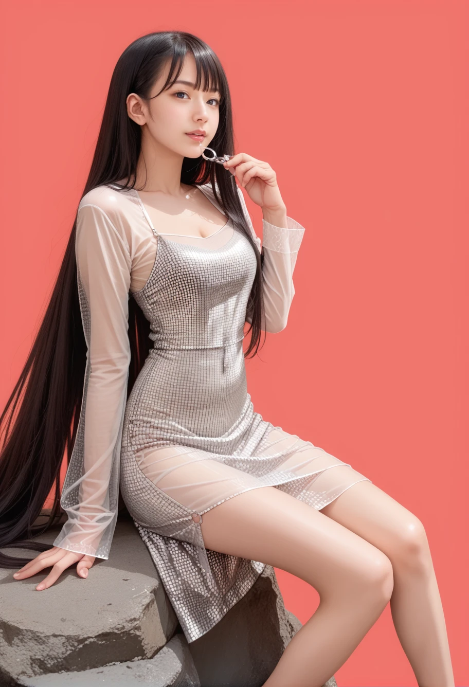 score_9,score_8_up,score_7_up,long legs,
very long hair,black hair,1girl,solo,(((red background))),sitting on rock,,ruanyi0464,dress,long sleeves,see-through top,silver drees,<lora:0464 Sequin strappy hip dress_v1_pony:1>
