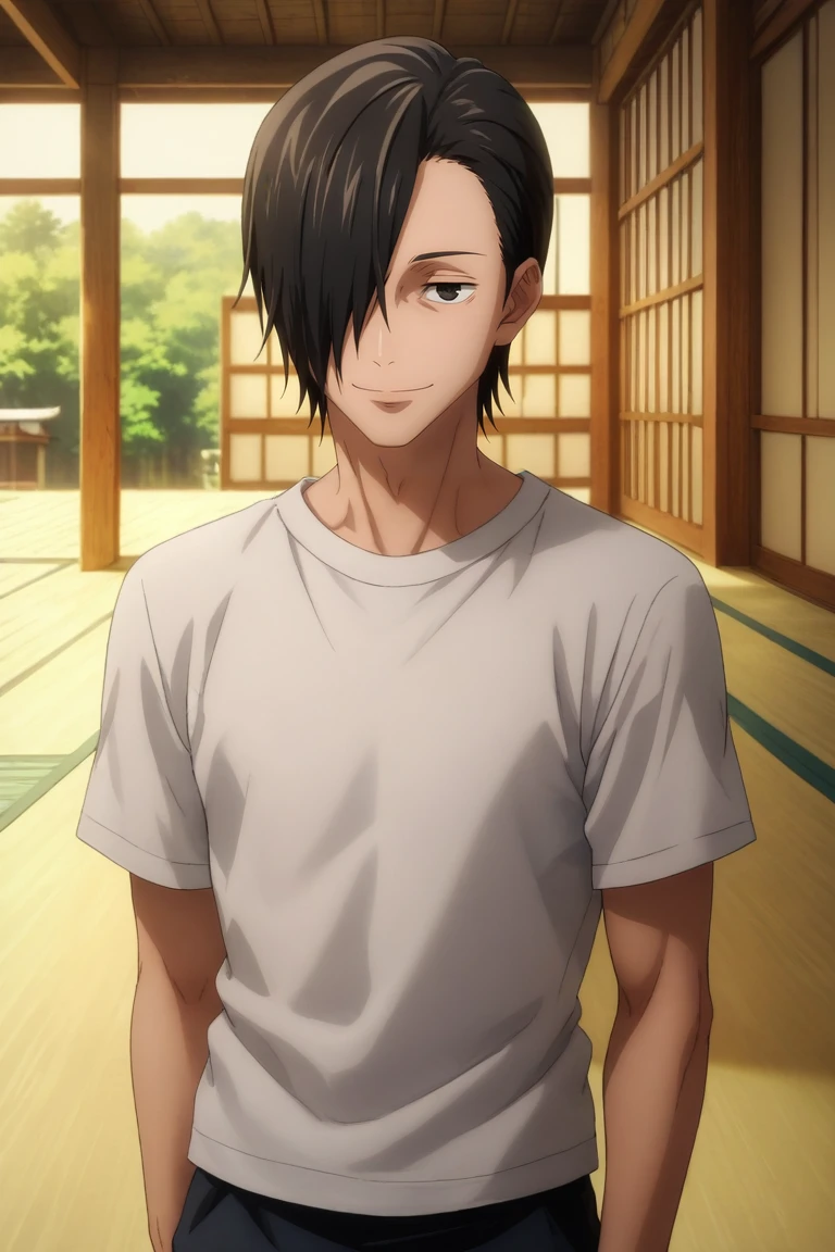 score_9, score_8_up, score_7_up, source_anime, rating_safe, , semi-realistic, looking at viewer, , 1boy, solo, male focus, <lora:junpei_yoshino_pony:0.94>, junpei_yoshino, black hair, black eyes, short hair, hair over one eye, cowboy shot, dojo, day, sunny, arms at sides, half-closed eyes, smile, , <lora:sdxl_lightning_8step_lora:1>
