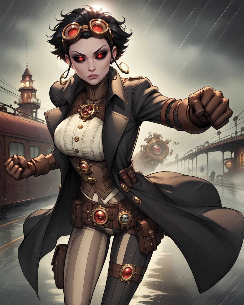 score_9, score_8_up, score_7_up,score_6_up, score_5_up, score_4_up , 1girl solo,
large breasts,
LadyM_DG,
black sclera, red eyes, black hair, short hair,eyeshadow,
asymmetrical legwear, gloves, belt,belt pouch, steampunk,striped pants, black pants, goggles on head, trench coat, black coat,
black coat, wind,
fog, rain,
fighting stance, battle, clenched hands, midair,
half-closed eyes, glowing eyes, looking at viewer,
<lora:Lady Mechanika (PonyXL) v01-000003:0.90>